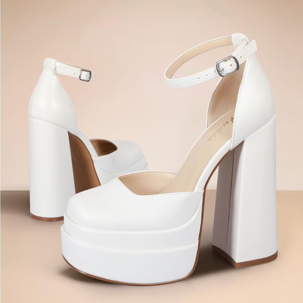 White Platform Shoes with Chunky Heel and Ankle Strap
